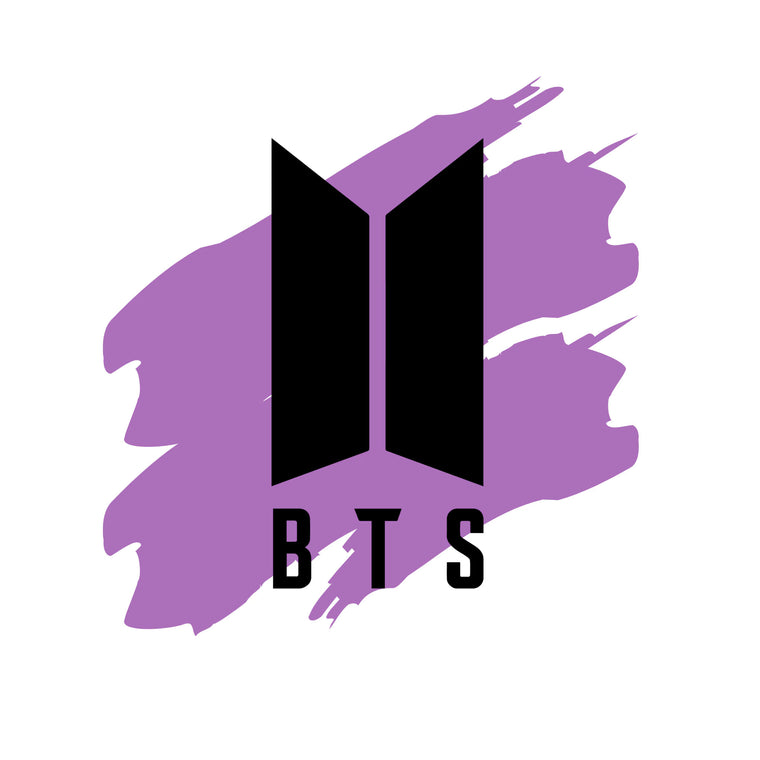 BTS logo with black silhouette and 'BTS' text on a purple background